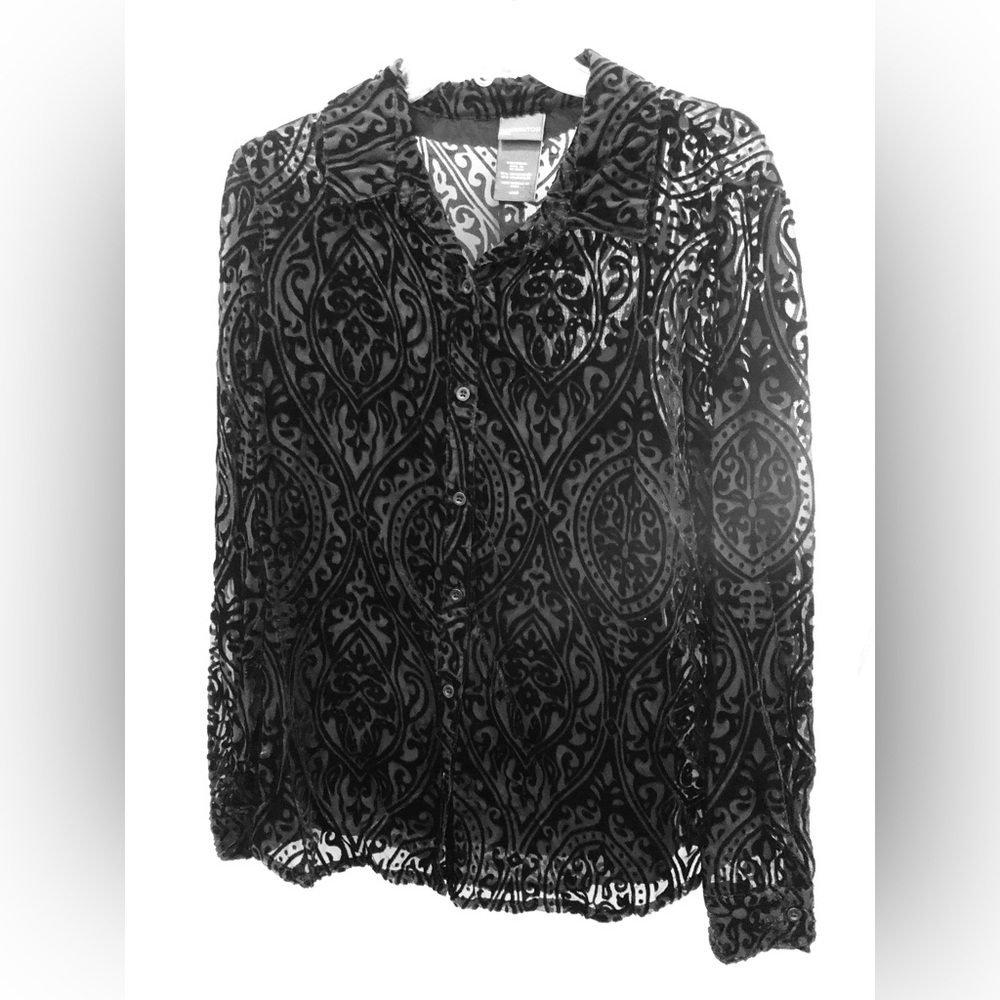 Black Patterned Sheer Button-Up Blouse with Black Camesole